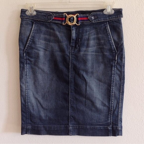 7 For All Mankind Size 28 Waist Denim Midi Skirt Blue Pockets Belt Detail - Picture 1 of 7